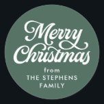 Merry Christmas classic green holiday gift  Classic Round Sticker<br><div class="desc">This simple green holiday gift sticker features a classic Merry Christmas in a flourish script and personalized text. Add this Christmas gift sticker to your presents - the classic green coordinates with a variety of gift wrap styles. This design also works well for Christmas party favours. Find more colours and...</div>