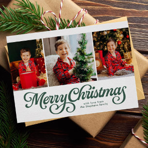 Merry Christmas classic green three photo Holiday Card