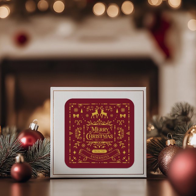 Merry Christmas Classic Nordic Red  Square Sticker (Merry Christmas Red & Gold Imitation Square Sticker)