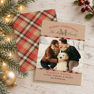 Merry Christmas Classic Plaid Monogram Photo Holiday Card