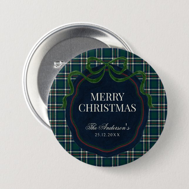 Merry Christmas Classic Preppy Tartan Plaid 3 Inch Round Button (Front & Back)