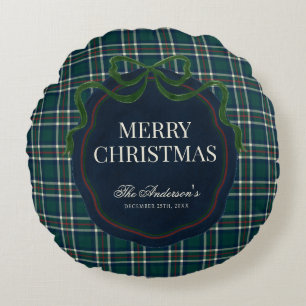 Merry Christmas Classic Preppy Tartan Plaid Round Pillow