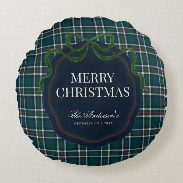 Merry Christmas Classic Preppy Tartan Plaid Round Pillow (Front)