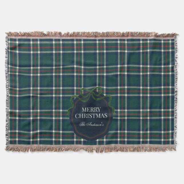 Merry Christmas Classic Preppy Tartan Plaid Throw Blanket (Front)