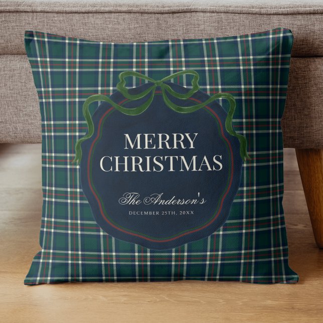 Merry Christmas Classic Preppy Tartan Plaid Throw Pillow (Creator Uploaded)