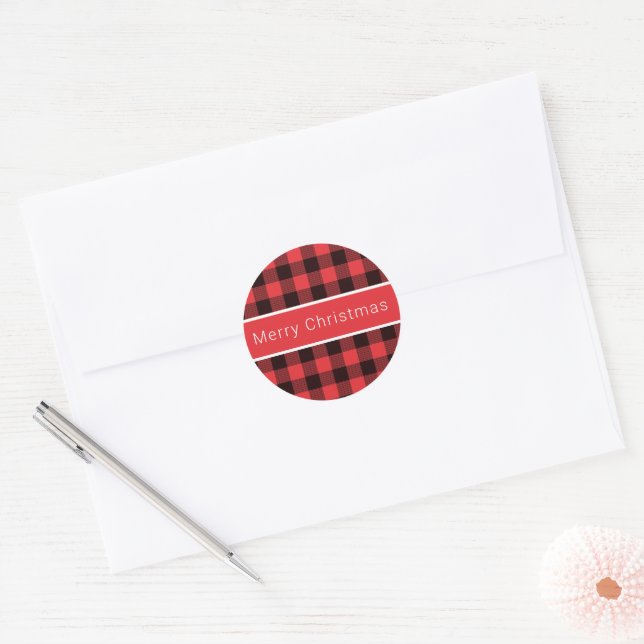 Merry Christmas Classic Red & Black Buffalo Plaid  Classic Round Sticker (Envelope)