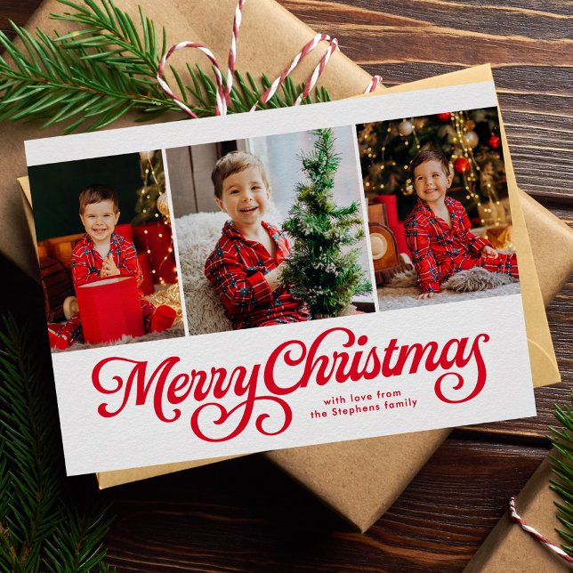 Merry Christmas classic red three photo Holiday Card (Creator Uploaded)
