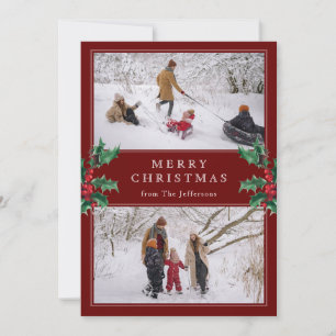 Merry Christmas Classic Red Two Custom Photo  Holiday Card