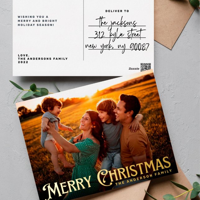 Merry Christmas Classic Whimsical Gold Photo Foil Holiday Postcard (Creator Uploaded)