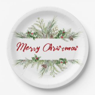 Merry Christmas Classic Winter Wheath Greeting Paper Plate