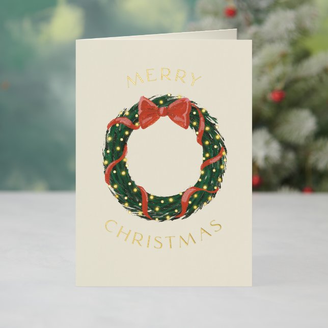 Merry Christmas Classic Wreath Gold Foil Holiday Card (Holiday In Situ)