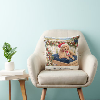 Merry Christmas Coastal Golden Doodle Ornament Throw Pillow