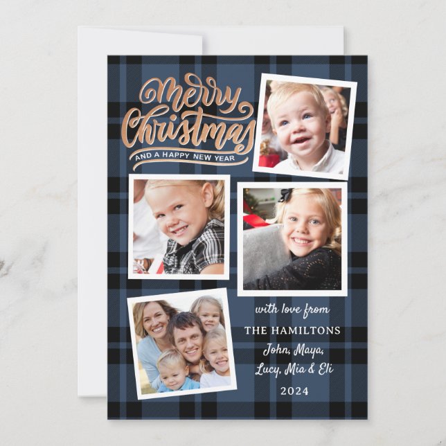 Merry Christmas Collage Blue Plaid Photo Card (Front)