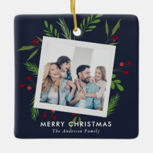 Merry Christmas Collage Custom Modern Holly Ceramic Ornament