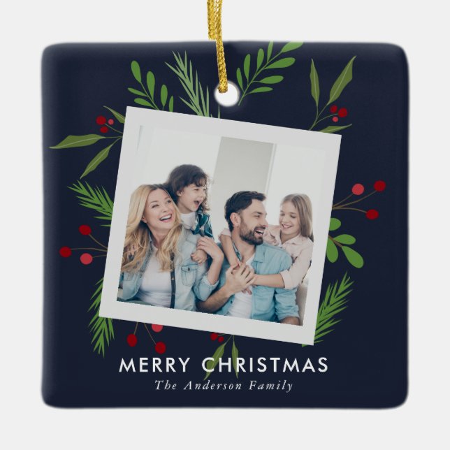 Merry Christmas Collage Custom Modern Holly Ceramic Ornament (Front)