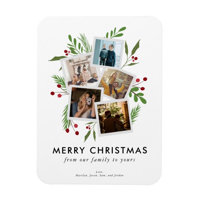 Merry Christmas Collage Custom Modern Holly Magnet (Vertical)