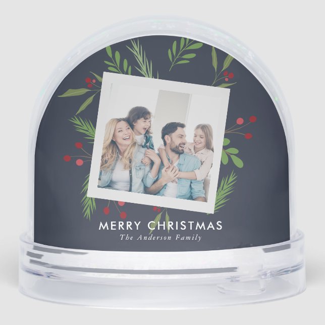 Merry Christmas Collage Custom Modern Holly Snowglobe (Back)