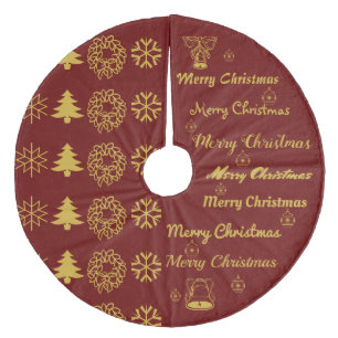 Merry Christmas Collage Dark Red Gold Fleece Tree Skirt