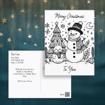 Merry Christmas Colour Me | Snowman and Bunny Postcard<br><div class="desc">Personalized Christmas postcard with colouring pages. Colouring pages are a snowman and bunny with Christmas trees,  the moon and snowflakes on the front. The back of the postcard has a holiday message that you can personalize.</div>