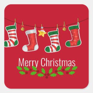 Merry Christmas, Colourful Christmas Stockings, Square Sticker