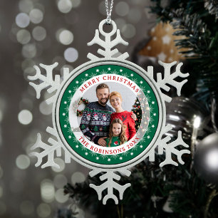 Merry Christmas Colourful Elegant Family Photo Snowflake Pewter Christmas Ornament