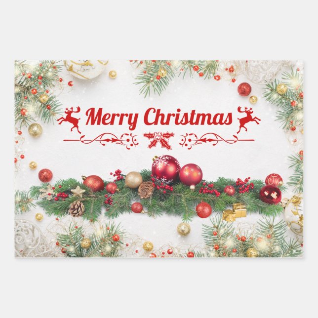 Merry Christmas Colourful Ornaments, Pine Branches Wrapping Paper Sheet (Front)