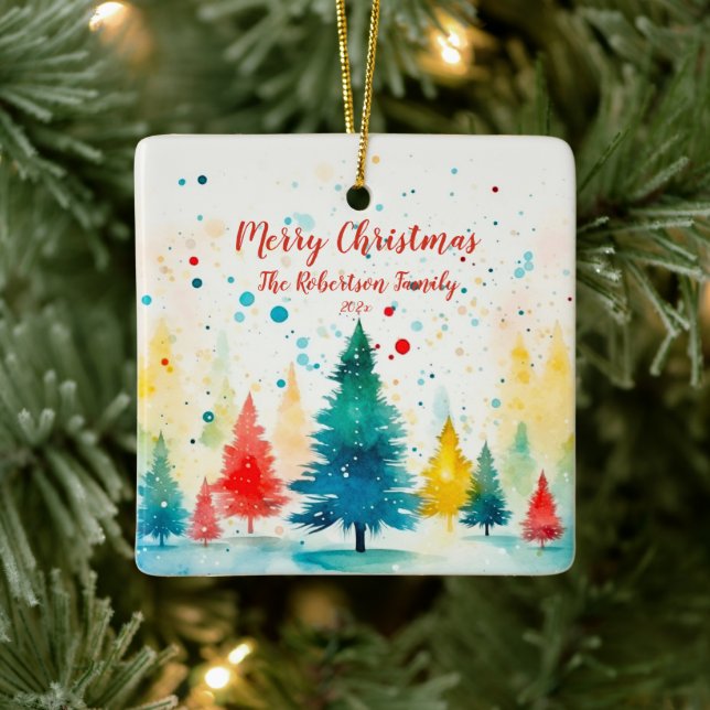"Merry Christmas" Colourful Pine Trees  Ceramic Ornament (Tree)