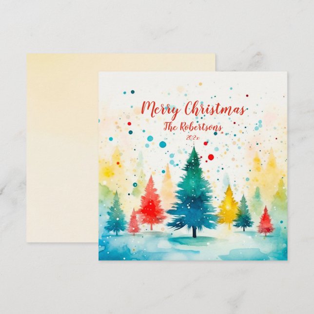 "Merry Christmas" Colourful Pine Trees  Holiday Card (Front/Back)