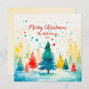 "Merry Christmas" Colourful Pine Trees Holiday Card