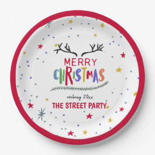Merry Christmas Colourful Reindeer Antlers & Stars Paper Plate