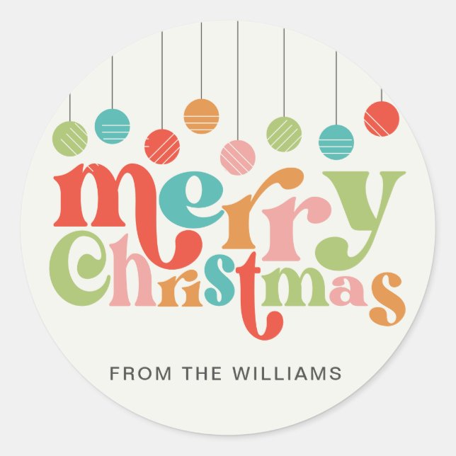 Merry Christmas Colourful Retro Ornaments Classic Round Sticker (Front)