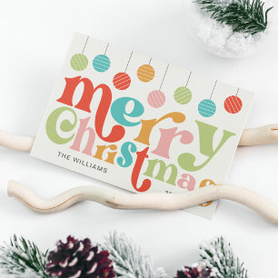 Merry Christmas Colourful Retro Ornaments Holiday Postcard