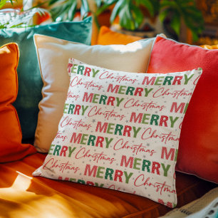Merry Christmas Colourful Retro Typography Pattern Throw Pillow