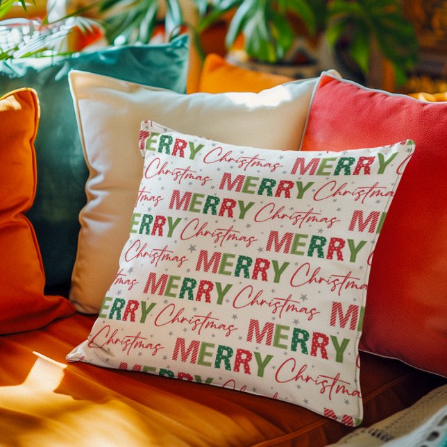 Merry Christmas Colourful Retro Typography Pattern Throw Pillow (Creator Uploaded)