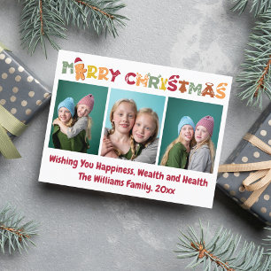 merry christmas,colourful script 3 photos collage holiday postcard