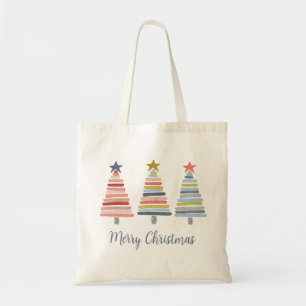 Merry Christmas Colourful Stacked Trees Tote Bag