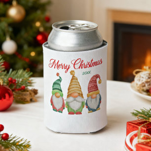 Merry Christmas Colourful Watercolor Garden Gnomes Can Cooler