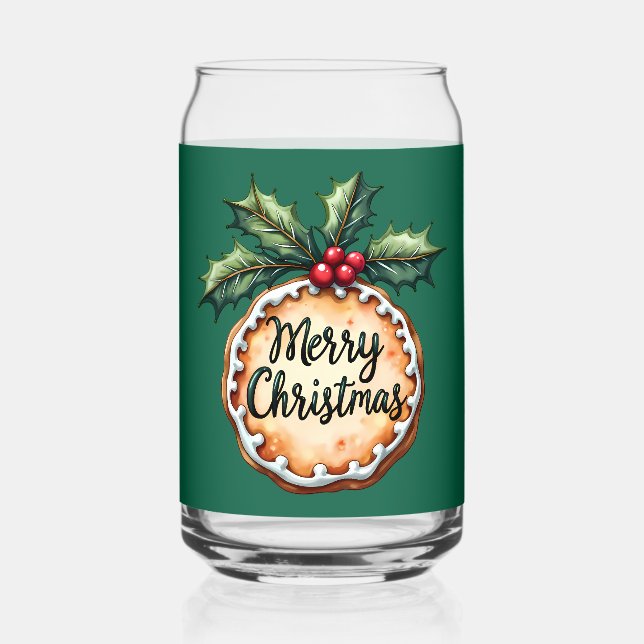 Merry Christmas Cookie with Holly Berries Can Glass (Front)
