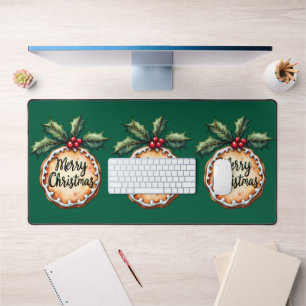 Merry Christmas Cookie with Holly Berries Desk Mat