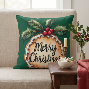 Merry Christmas Cookie with Holly Berries Green Throw Pillow