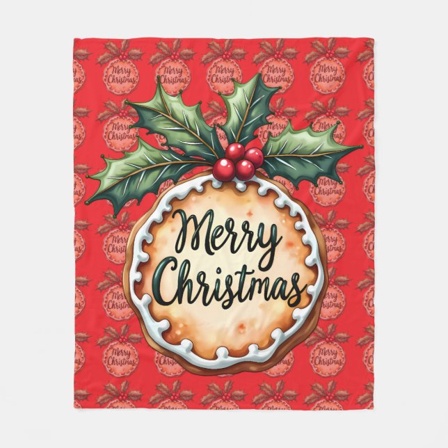 Merry Christmas Cookie with Holly Berries Red Fleece Blanket (Front)