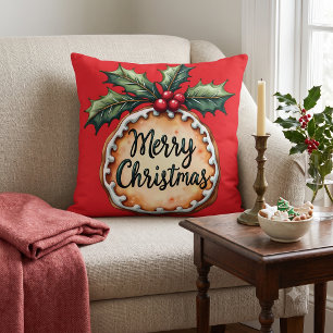 Merry Christmas Cookie with Holly Berries Red Throw Pillow