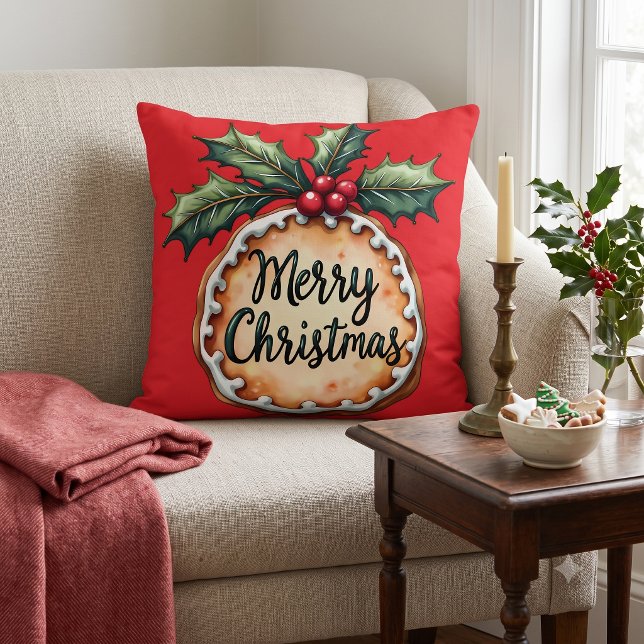 Merry Christmas Cookie with Holly Berries Red Throw Pillow (Merry Christmas Cookie with Holly Berries Red Throw Pillow)