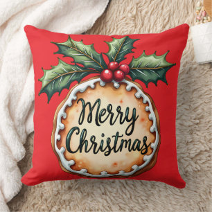 Merry Christmas Cookie with Holly Berries Red Throw Pillow