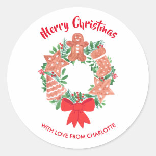 Merry Christmas Cookie Wreath Custom Name Classic Round Sticker