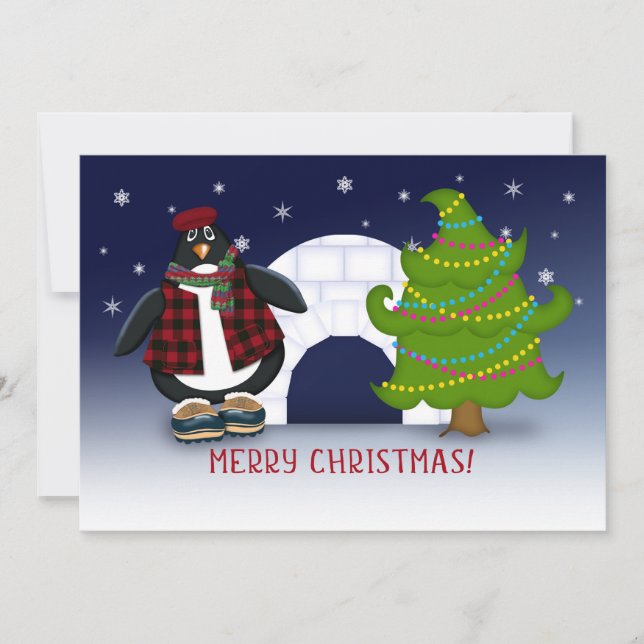 Merry Christmas! Cool Penguin and Igloo Holiday Card (Front)