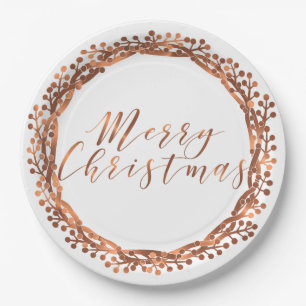 Merry Christmas copper-look berry wreath design Paper Plate