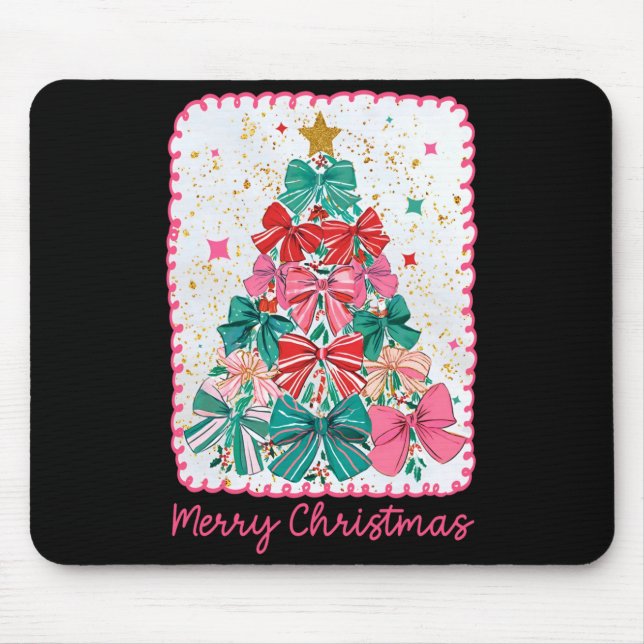 Merry Christmas Coquette Bow Xmas Tree Holiday Gir Mouse Pad (Front)