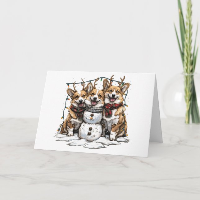 Merry Christmas Corgi Dogs Snowman Holiday Card (Front)