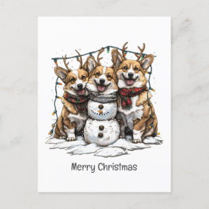 Merry Christmas Corgi Dogs Snowman Holiday Postcard